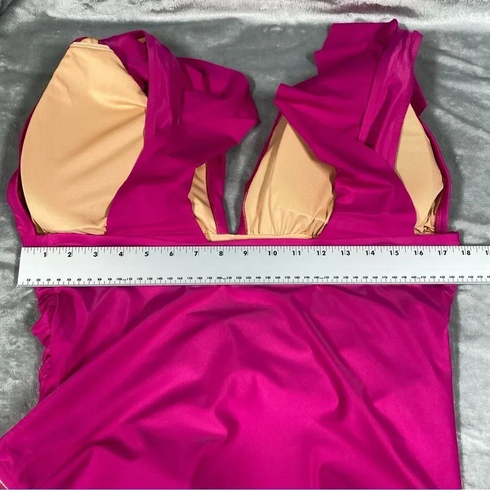 NEW J. Crew Ruched Ruffle One Piece Swimsuit Deep V Neck Size 20 Radiant Fuchsia